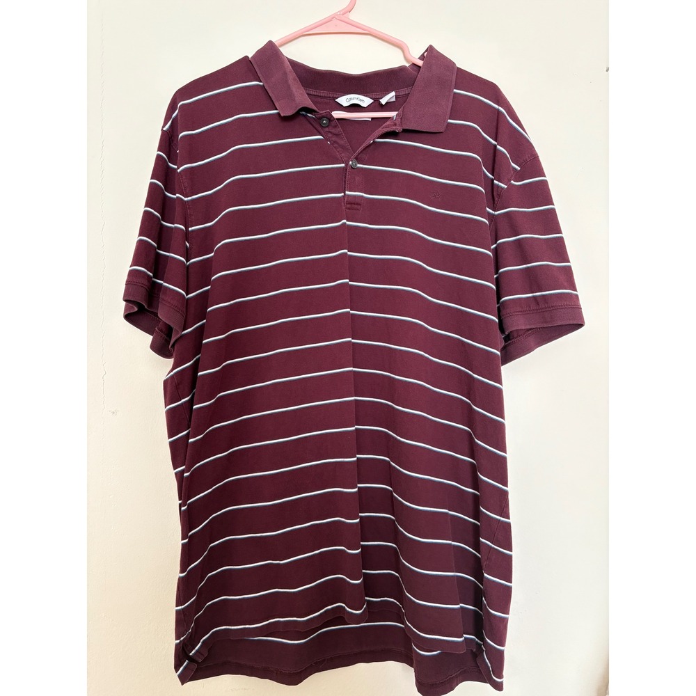 Calvin Klein Liquid Touch Mens XXL Polo Shirt Burgundy Striped Short Sleeve CK